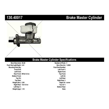 Centric Parts Premium Brake Master Cylinder, 130.40017 130.40017
